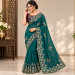 Teal Green Embroidered Floral Border Saree