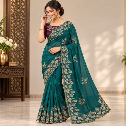 Teal Green Embroidered Floral Border Saree