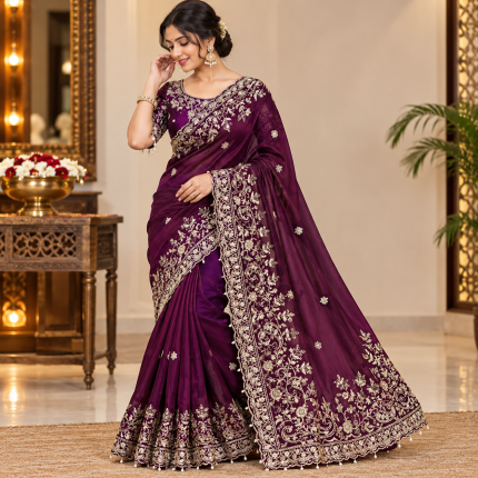 Royal Plum Embroidered Designer Saree