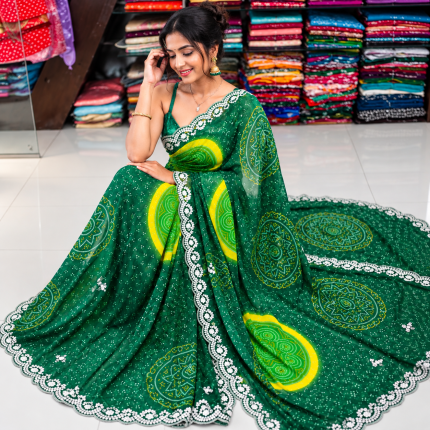 Emerald Green Bandhani Print Saree with Embroidered Border